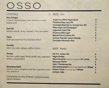 Osso Cocktail & Beer List