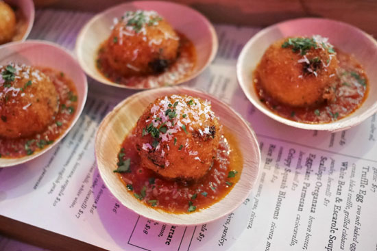 Mini Riceballs | meat sauce, peas, ricotta, mozzarella, tomato sauce, parmesan, parsley