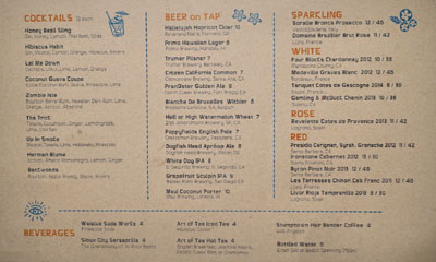 A-Frame Cocktail/Beer/Wine List