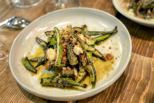 grilled okra, calabrian chili, pickled garlic, mint