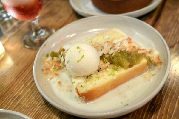 coconut cream cake, preserved rhubarb, coconut lime sherbet