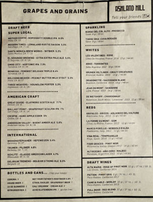 Ashland Hill Beer & Wine List