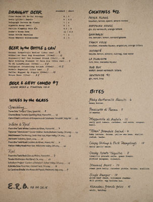 E.R.B. Menu, Cocktail List, Beer List, Wines by the Glass