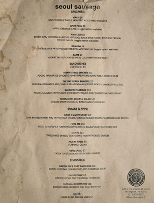 Seoul Sausage Company Menu