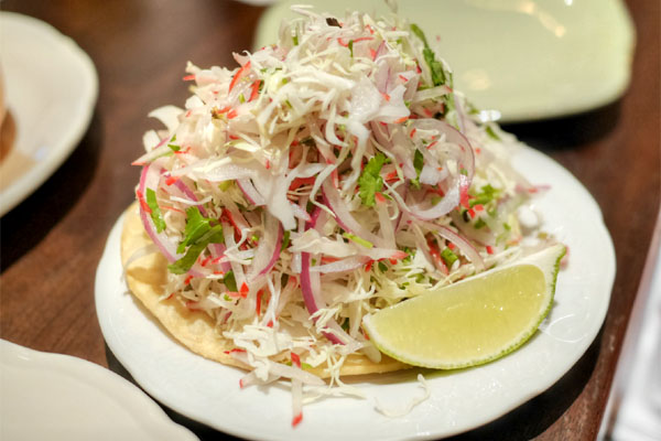 tostada of cabbage, onion, radish & lime