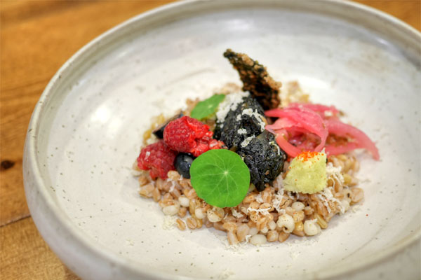 Gim (seaweed), Job's tears, Kamut & farro grains with amazu assorted seaweed comptè w/ shiitake, tofu & spirulina, nasturtium, nori chip, mixed berries, wasabi daikon, lime onion jalapeño pickle