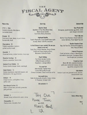The Fiscal Agent Menu/Cocktail List