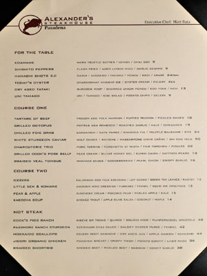 Alexander's Steakhouse Menu