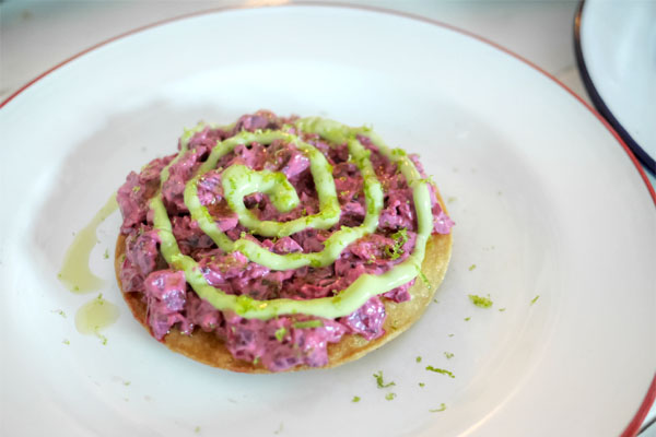 Beet tartare tostada, cornichon, lime, avocado milk