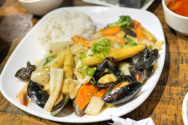 Pan-Fried Seafood over Rice