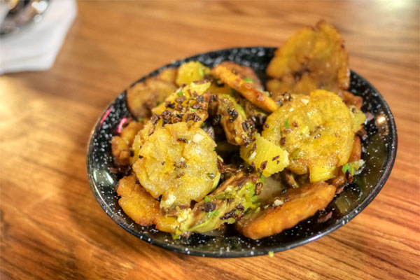 Tostones & Grilled Avocado, Black Beans, Garlic & Cilantro Mojo, Orange, Burnt Sweet Onions