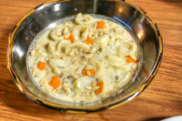 Hillary's Orecchiette, Burrata, Broccoli Hearts, Charred Pickles Ramps, Pine Nuts, Calabrian Chile Puree