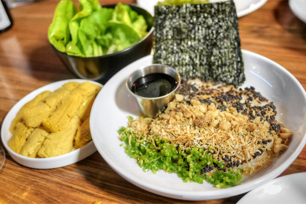 Santa Barbara Uni & Charred Satsuki Rice, Amazing Toasted Nori From Japan, Butter Lettuce, Macadamia Nuts, Jalapeño, Toasted Coconut, Sushi Tare