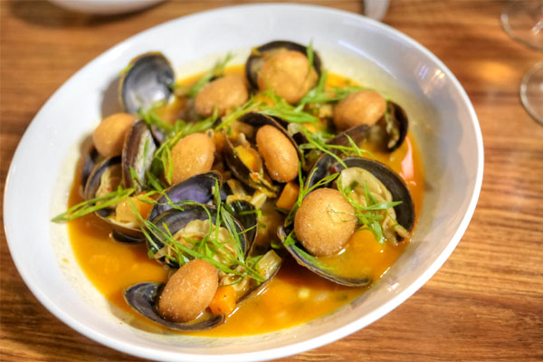 Savory Clams, Jan's Kimchi Broth, Butterkin Squash, Steam Bun Croutons, Scallion, Lemon