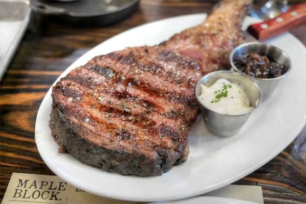 Prime rib (20 oz. boneless), caramelized shallots, horseradish cream