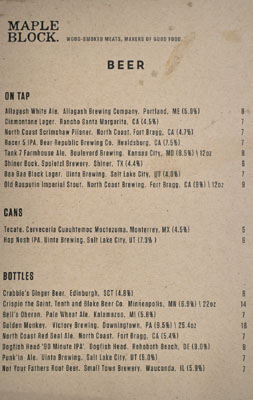 Maple Block Meat Co. Beer List