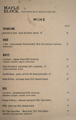 Maple Block Meat Co. Wine List