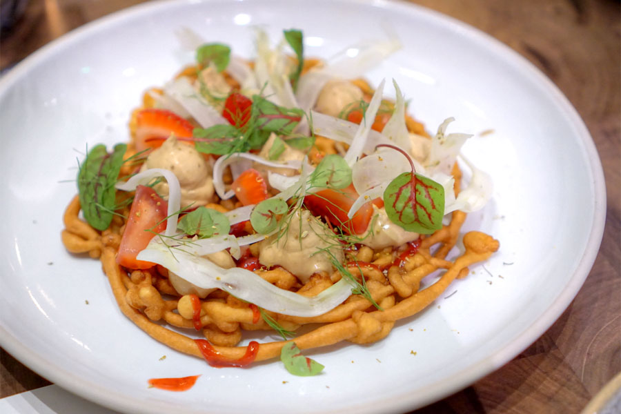 Foie gras, funnel cake, strawberry, fennel, balsamic