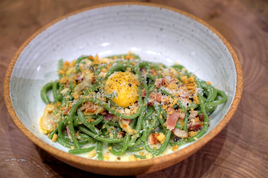 Spinach Bucatini·Egg·Bacon·Clam·Crème Fraîche