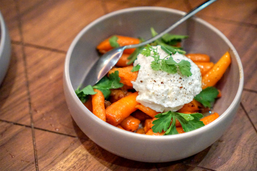 Coal Roasted Carrots, Sheep's Milk Ricotta, Herbs, Honey, and Black Pepper