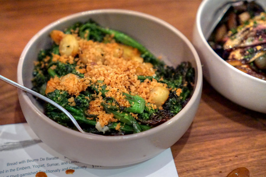 Broccolini, Smoked Fingerling Potatoes, Lemon-Rosemary Bread Crumbs, and Chili Oil