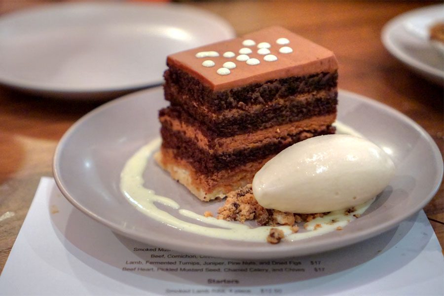 Chocolate Peanut Butter Crunch Cake, with Valrhona Dulcey Chocolate Ice Cream