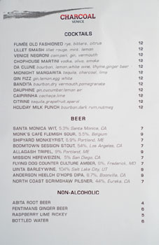 Charcoal Venice Cocktail & Beer List