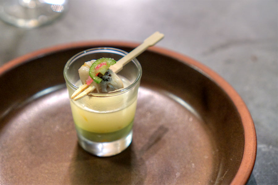 Green Mussel Shooter, Lime Juice, Serrano, Nigori, Tomato, Lemon