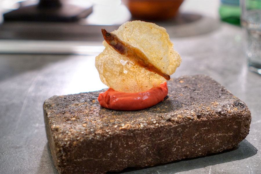 Smelt Cracker, Puffed Rice, Bone Marrow-Beet Mustard