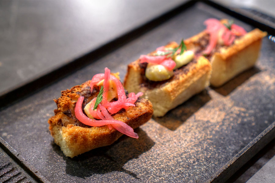 Bone Marrow, Homemade Brioche, Shimeji, Pickled Onion, Carrot Tops