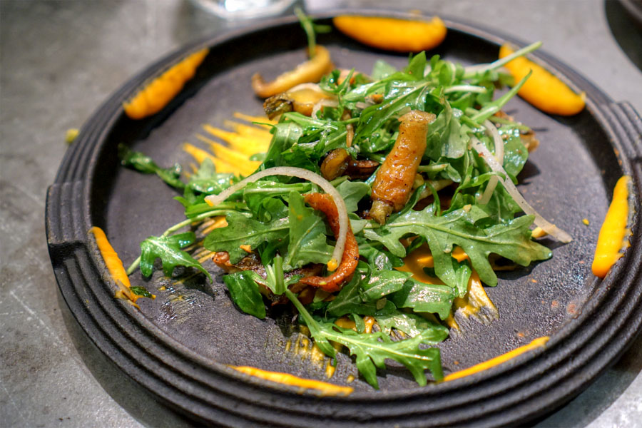 Branzino, Carrot Purée, Sugar Roasted Carrot, Arugula, Brown Butter Emulsion