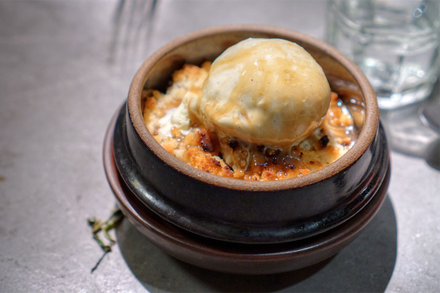 Apple Pie Cobbler, Smoked Vanilla Ice Cream, Caramel Sauce