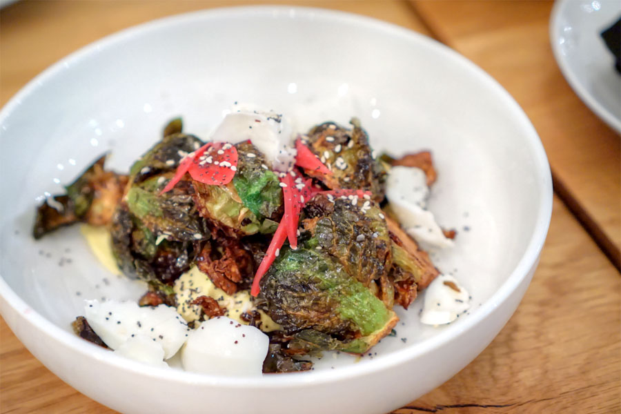 brussels sprouts with deviled egg puree, and everything bagel spice