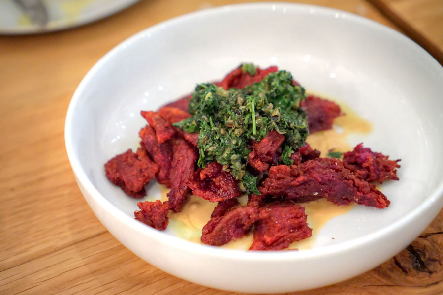 purple sweet potatoes with molasses-lime cream, charred scallion chimichurri