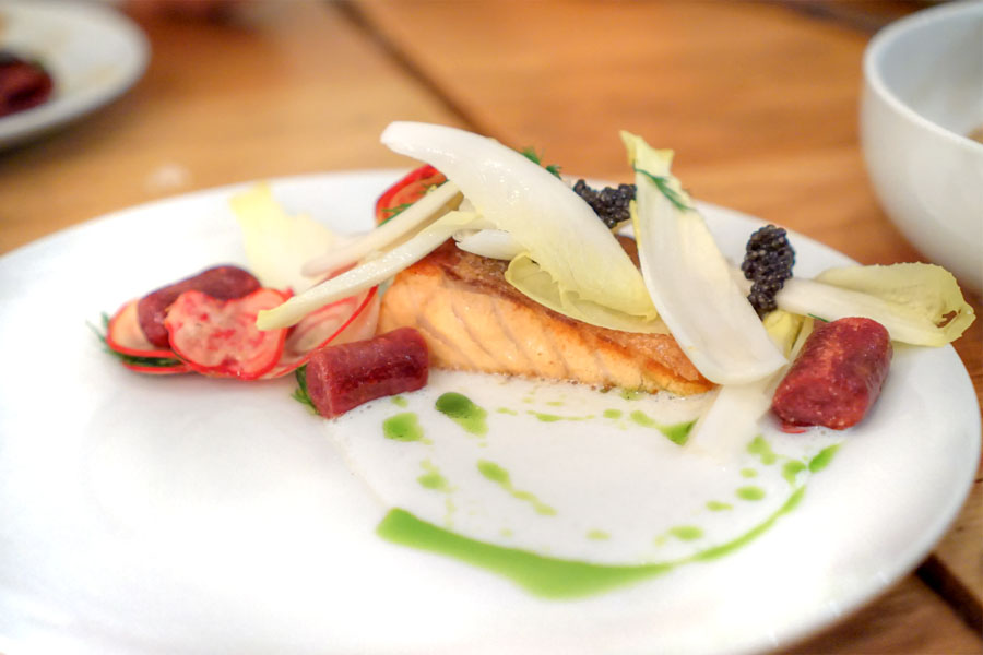 salmon with beet gnocchi, caviar, endive, buttermilk vinaigrette, and dill