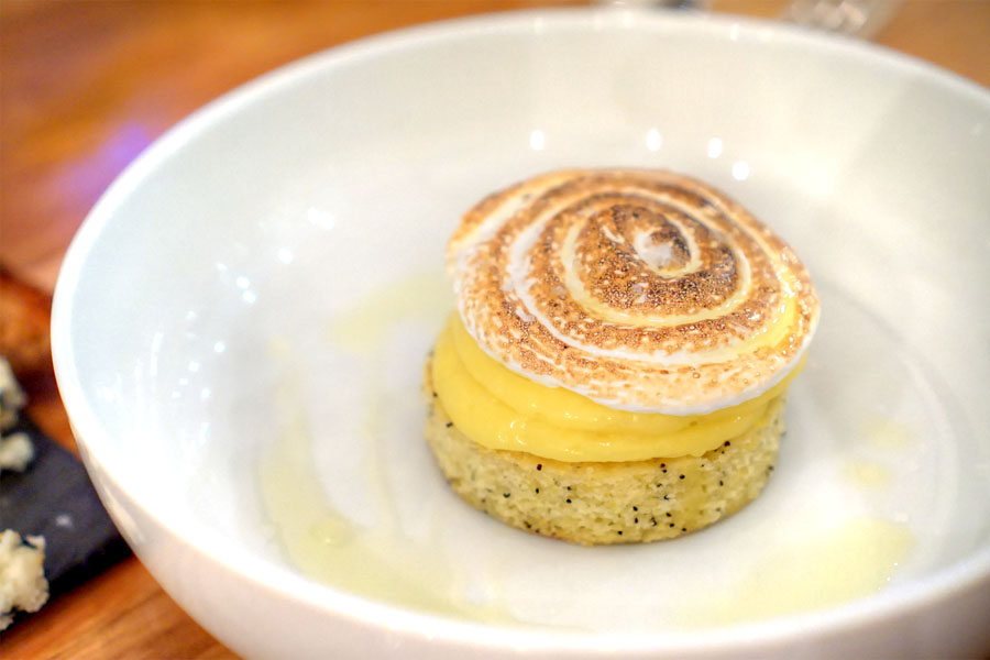 cornmeal poppy seed cake with lemon curd, and meringue