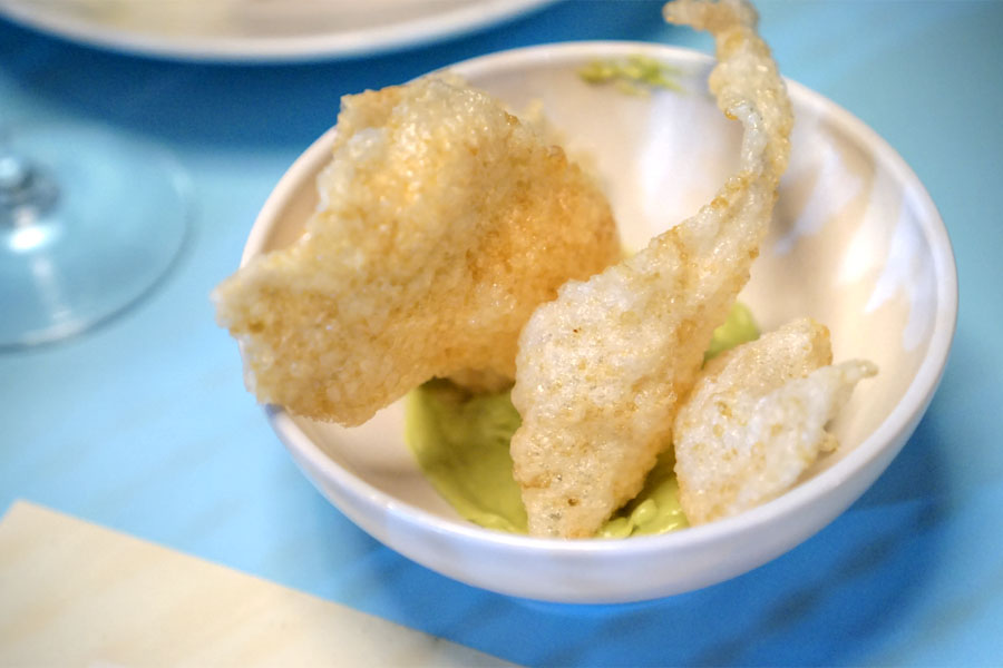 puffed onion with avocado-sorrel dip