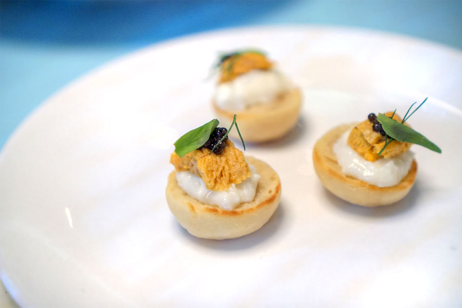 english muffins, uni, burrata & caviar