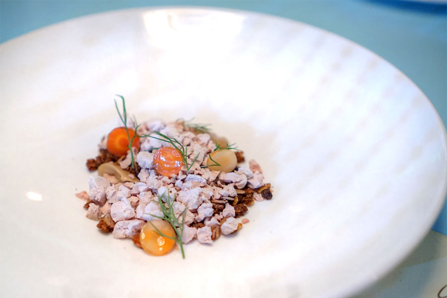 frozen foie gras with smoked maple, coffee granola & carrots