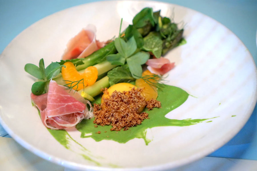 asparagus with country ham, mint and egg yolk