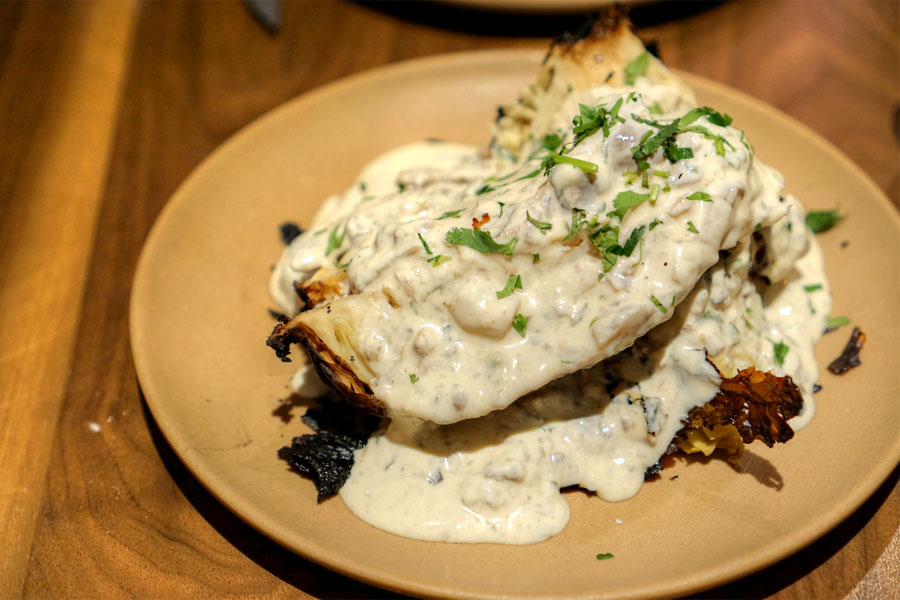 Half Rotisserie Cabbage with Pickled Mushroom Yogurt