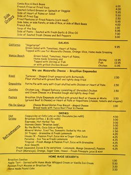 Cafe Brasil Menu: Side Orders / Salads / Empanadas / Drinks / Desserts