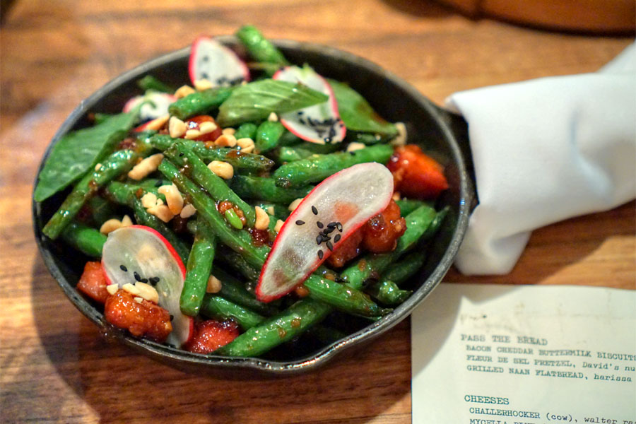 Blistering Blue Lake green beans, Thai basil, chili sauce, crispy pork