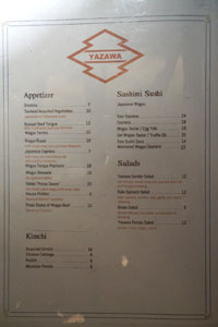 Yazawa Menu: Appetizer / Kimchi / Sashimi Sushi / Salads