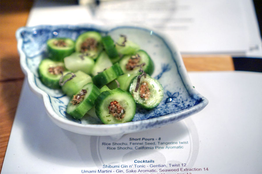 cucumbers stuffed with shiso leaf, seeds, umeboshi and bonito