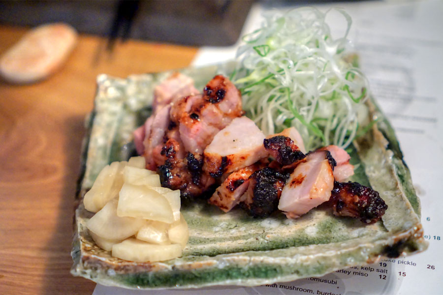 grilled heritage pork, koji rice, pickled daikon, leek