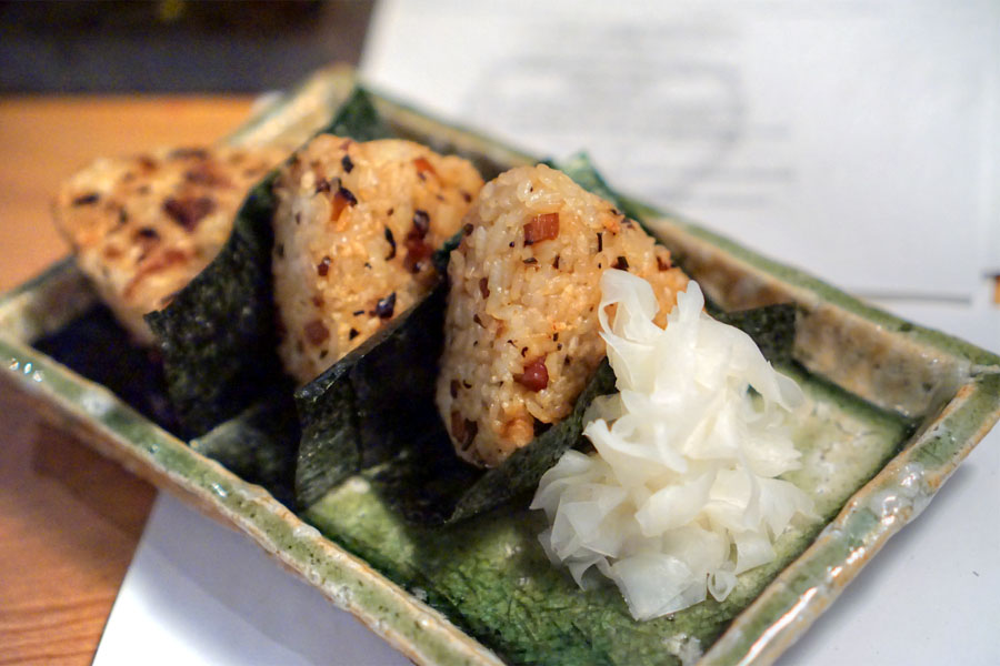 grilled rice with mushroom, burdock and gourd