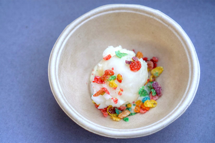 White peach-white grape sorbet, milk sauce, frosted Fruity Pebbles