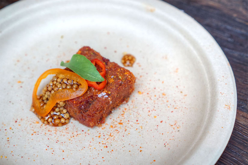 Smoked ciccioli, pomegranate molasses, pickled mustard seed, sweet peppers, lemon basil