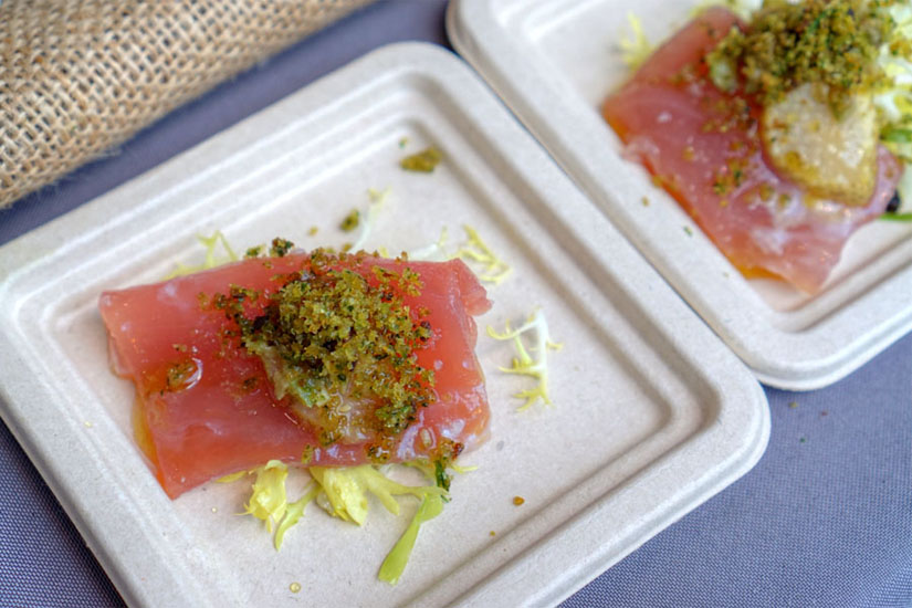 Bigeye tuna crudo, pickled green strawberry, olive pistachio pesto, bread crumbs